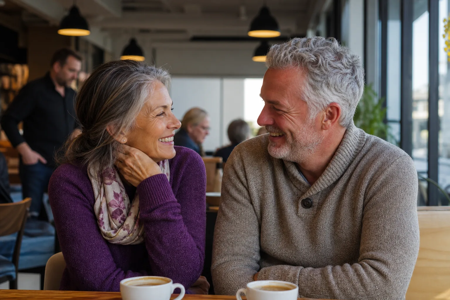 Two Melbourne singles over 50 talking over coffee at a local cafe
