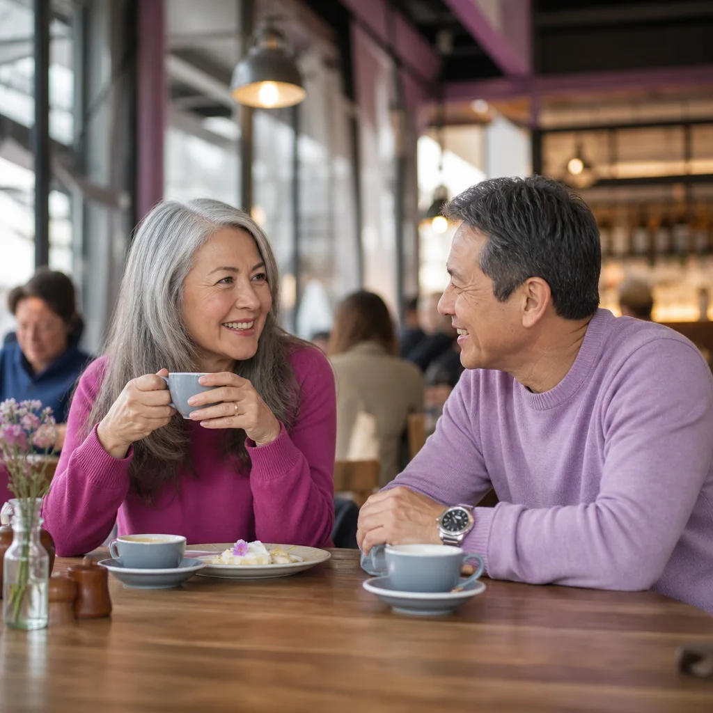 Woman over 50 reviewing a dating profile on her phone in a Melbourne café
