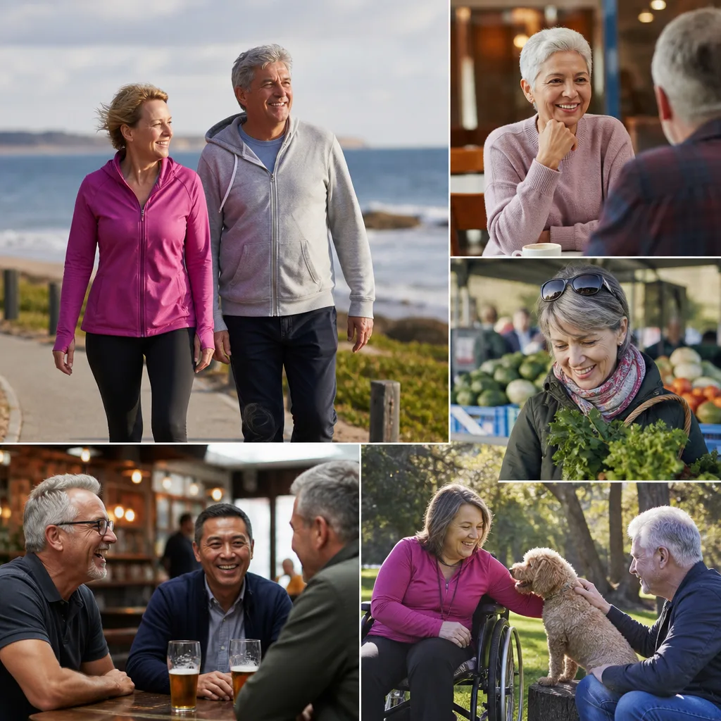 Two older Melbourne singles walking through a public garden during the day